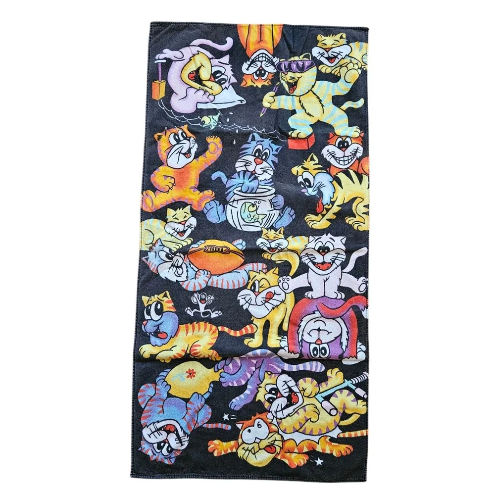 VTG Novelty Cartoon Cats Beach Towel Funky Graphic Print Black‎ Cotton JC Penney